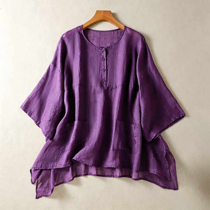 Buddha Stones Camisas de manga corta para mujer, estilo bohemio informal de verano, con bolsillo de parche, medio botón y mangas acampanadas. - RebeccaPurple - US14, UK/AU18, EU46 (2XL) - image 0