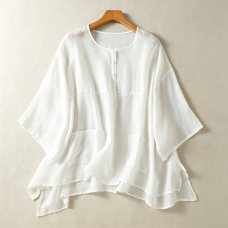 Buddha Stones Camisas de manga corta para mujer, estilo bohemio informal de verano, con bolsillo de parche, medio botón y mangas acampanadas. - Blanco - US14, UK/AU18, EU46 (2XL) - image 16