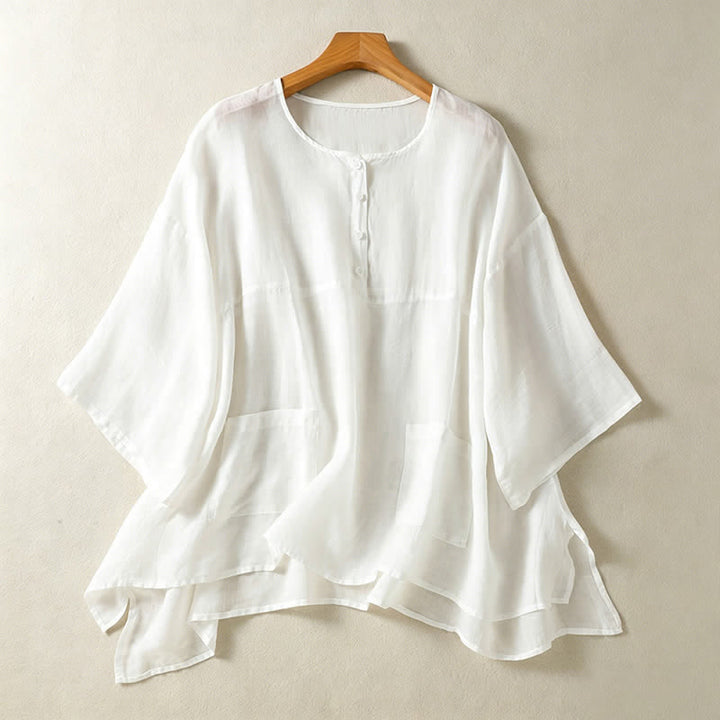 Buddha Stones Camisas de manga corta para mujer, estilo bohemio informal de verano, con bolsillo de parche, medio botón y mangas acampanadas. - Blanco - US14, UK/AU18, EU46 (2XL) - image 16
