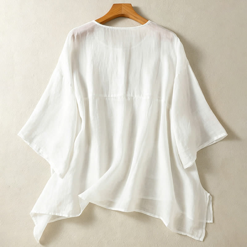 Buddha Stones Camisas de manga corta para mujer, estilo bohemio informal de verano, con bolsillo de parche, medio botón y mangas acampanadas. - image 17