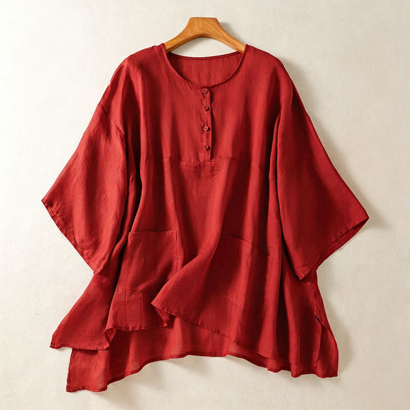 Buddha Stones Camisas de manga corta para mujer, estilo bohemio informal de verano, con bolsillo de parche, medio botón y mangas acampanadas. - Ladrillo refractario - US14, UK/AU18, EU46 (2XL) - image 8