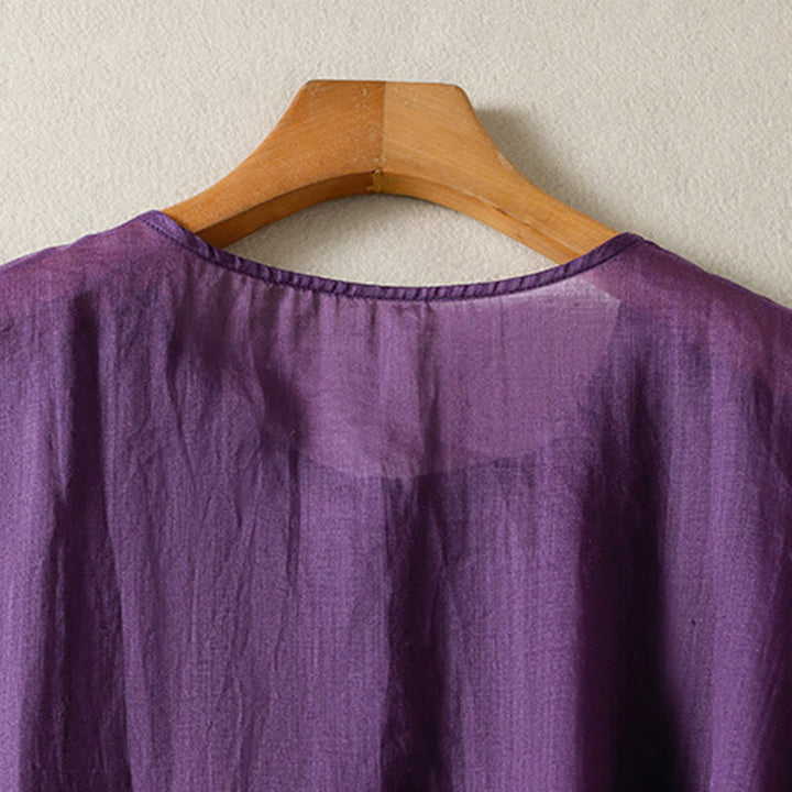 Buddha Stones Camisas de manga corta para mujer, estilo bohemio informal de verano, con bolsillo de parche, medio botón y mangas acampanadas. - image 3