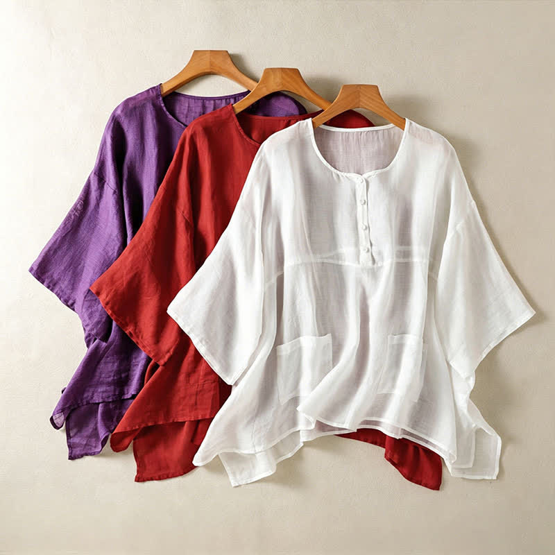 Buddha Stones Camisas de manga corta para mujer, estilo bohemio informal de verano, con bolsillo de parche, medio botón y mangas acampanadas. - image 24