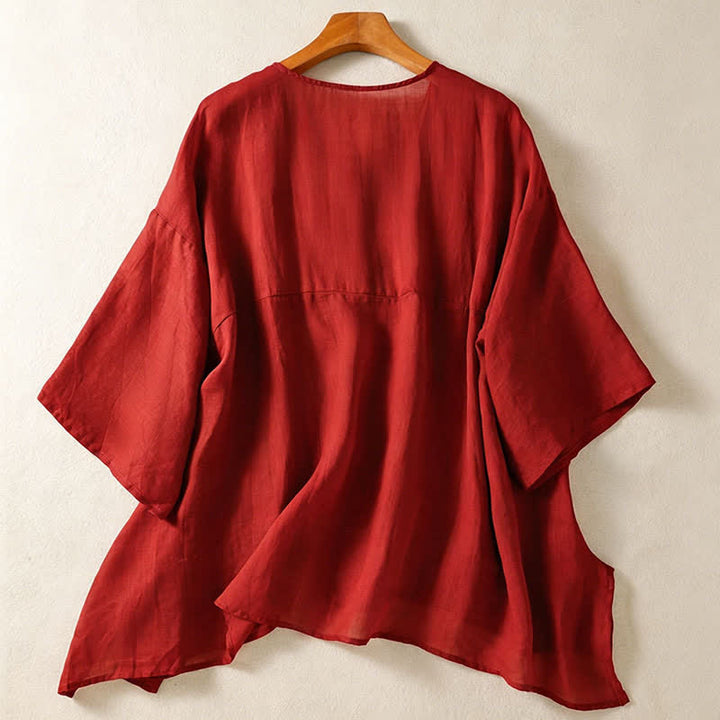 Buddha Stones Camisas de manga corta para mujer, estilo bohemio informal de verano, con bolsillo de parche, medio botón y mangas acampanadas. - image 9