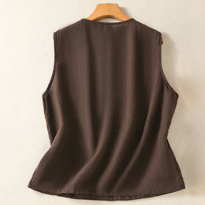 Buddha Stones Camiseta sin mangas minimalista de verano con botones y bolsillo de parche para mujer. - image 21