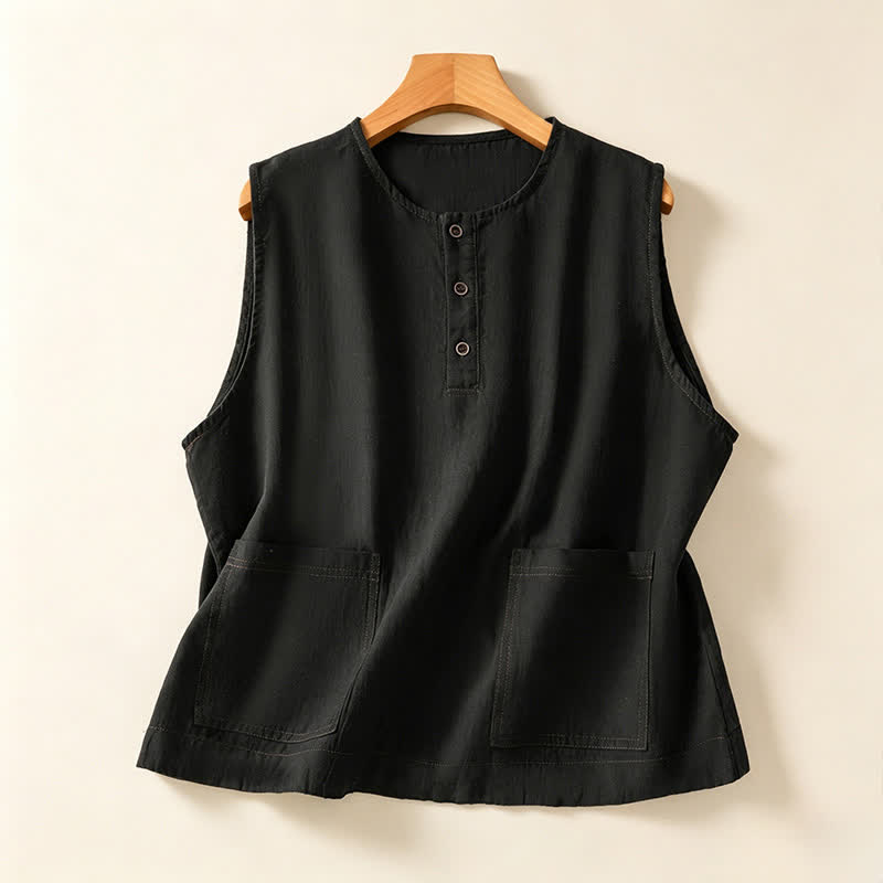 Buddha Stones Camiseta sin mangas minimalista de verano con botones y bolsillo de parche para mujer. - Negro - US12, UK/AU16, EU44 (2XL) - image 7