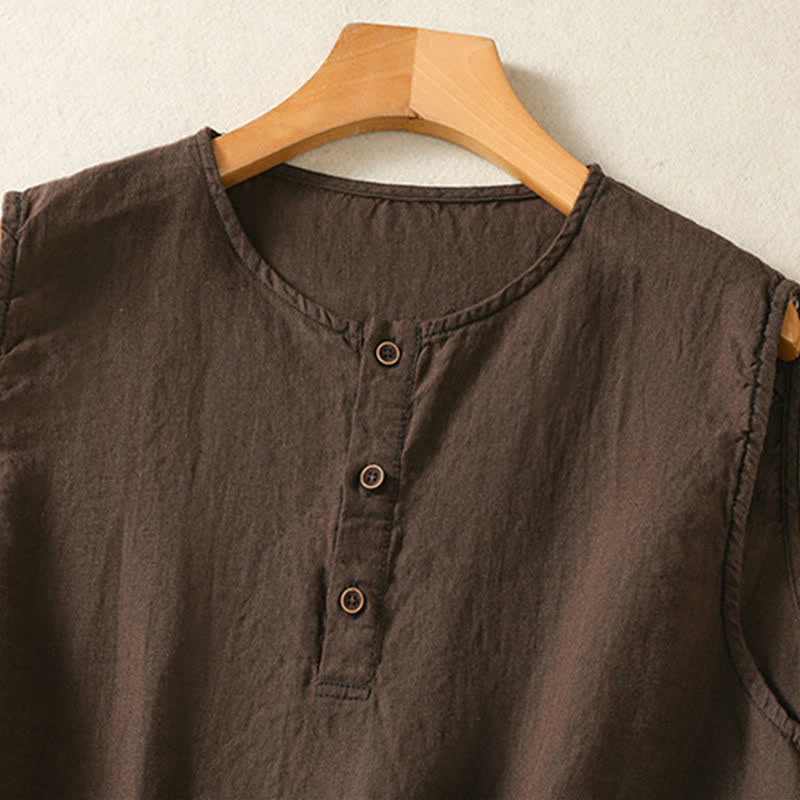 Buddha Stones Camiseta sin mangas minimalista de verano con botones y bolsillo de parche para mujer. - image 22
