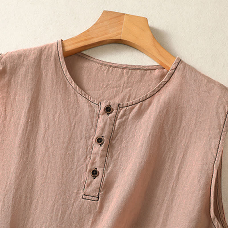 Buddha Stones Camiseta sin mangas minimalista de verano con botones y bolsillo de parche para mujer. - image 28