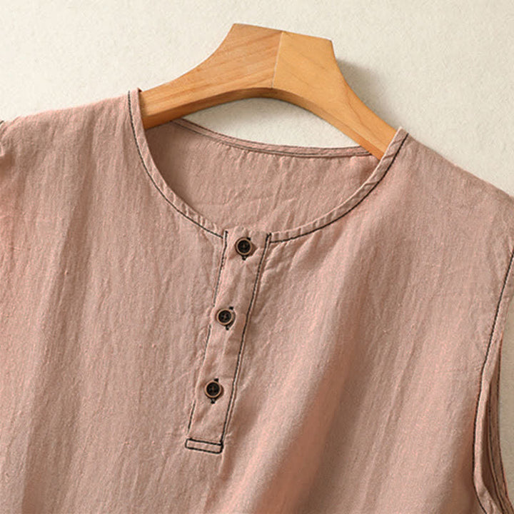 Buddha Stones Camiseta sin mangas minimalista de verano con botones y bolsillo de parche para mujer. - image 28
