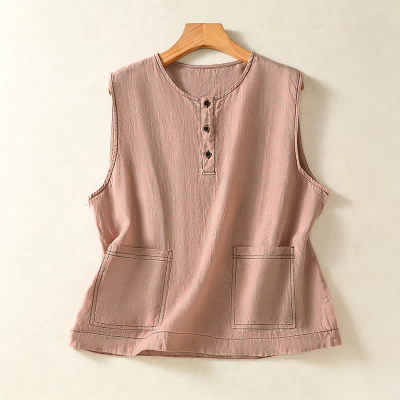 Buddha Stones Camiseta sin mangas minimalista de verano con botones y bolsillo de parche para mujer. - Marrón rosado - US12, UK/AU16, EU44 (2XL) - image 26