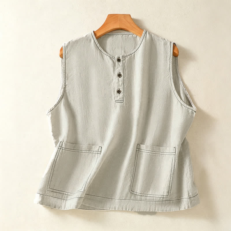 Buddha Stones Camiseta sin mangas minimalista de verano con botones y bolsillo de parche para mujer. - Beige - US12, UK/AU16, EU44 (2XL) - image 0