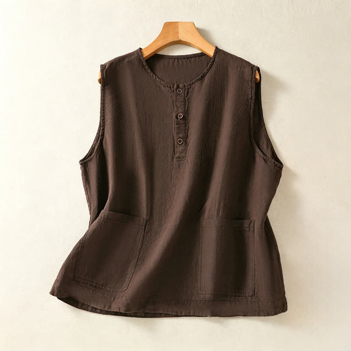 Buddha Stones Camiseta sin mangas minimalista de verano con botones y bolsillo de parche para mujer. - Marrón silla de montar - US12, UK/AU16, EU44 (2XL) - image 20