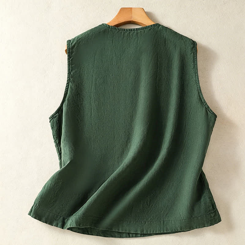 Buddha Stones Camiseta sin mangas minimalista de verano con botones y bolsillo de parche para mujer. - image 14