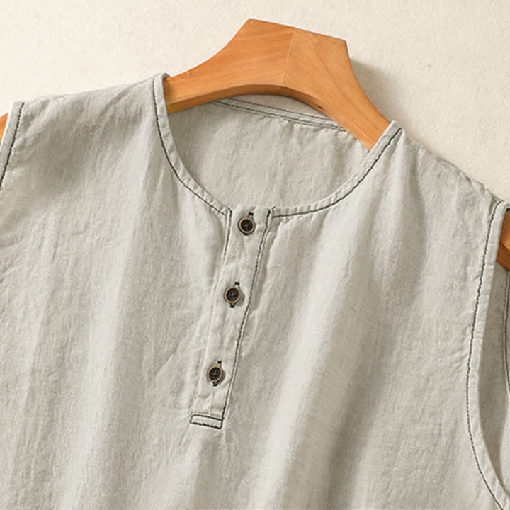 Buddha Stones Camiseta sin mangas minimalista de verano con botones y bolsillo de parche para mujer. - image 2