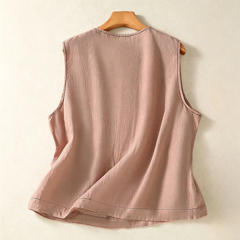 Buddha Stones Camiseta sin mangas minimalista de verano con botones y bolsillo de parche para mujer. - image 27