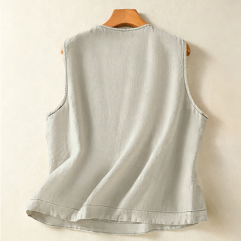 Buddha Stones Camiseta sin mangas minimalista de verano con botones y bolsillo de parche para mujer. - image 1