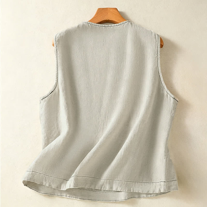 Buddha Stones Camiseta sin mangas minimalista de verano con botones y bolsillo de parche para mujer. - image 1