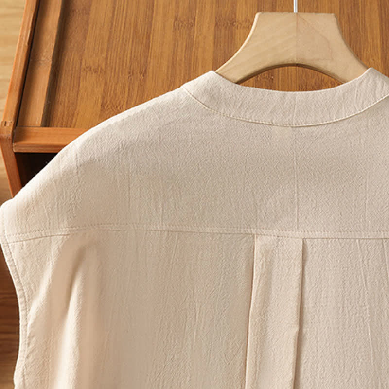 Buddha Stones Camiseta sin mangas de mujer estilo Tang informal con cuello mandarín, botones y bolsillo de parche. - image 4