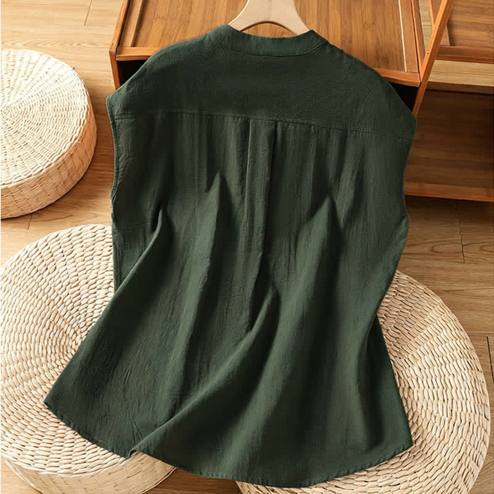 Buddha Stones Camiseta sin mangas de mujer estilo Tang informal con cuello mandarín, botones y bolsillo de parche. - image 10