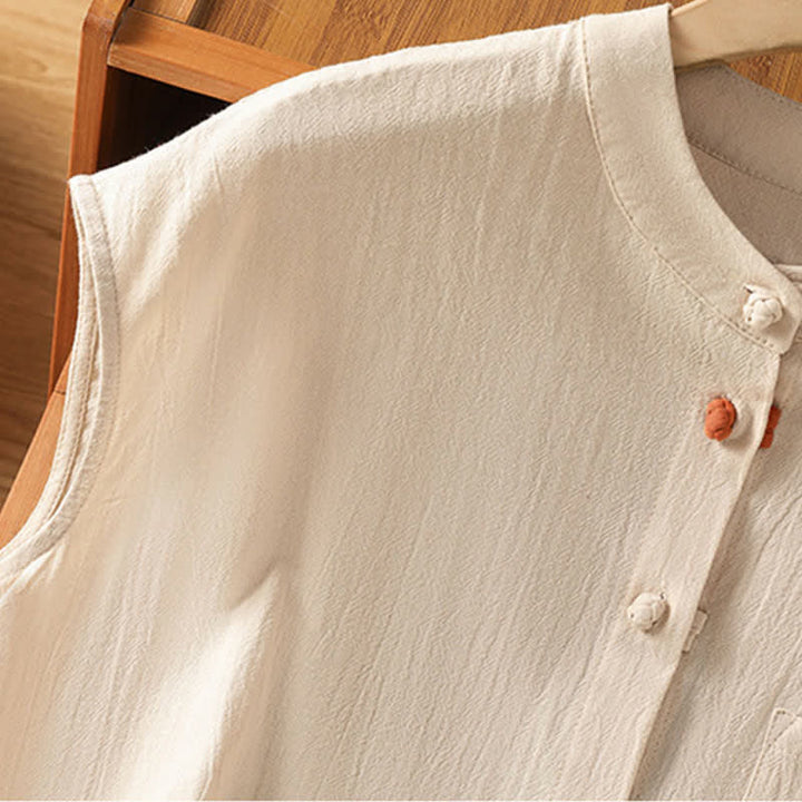 Buddha Stones Camiseta sin mangas de mujer estilo Tang informal con cuello mandarín, botones y bolsillo de parche. - image 3