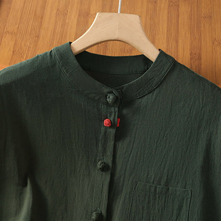 Buddha Stones Camiseta sin mangas de mujer estilo Tang informal con cuello mandarín, botones y bolsillo de parche. - image 11