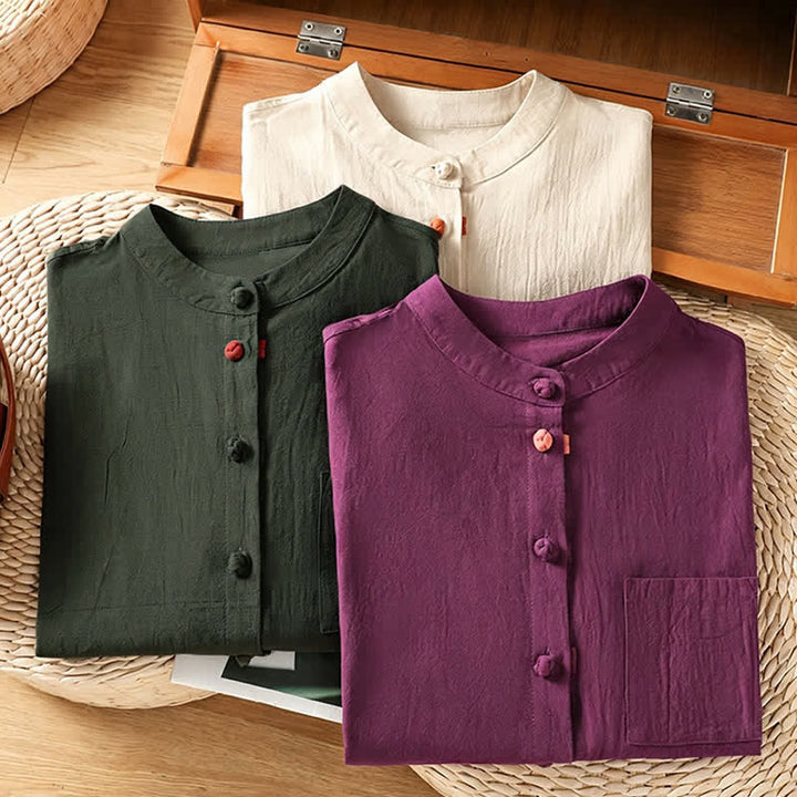 Buddha Stones Camiseta sin mangas de mujer estilo Tang informal con cuello mandarín, botones y bolsillo de parche. - image 25