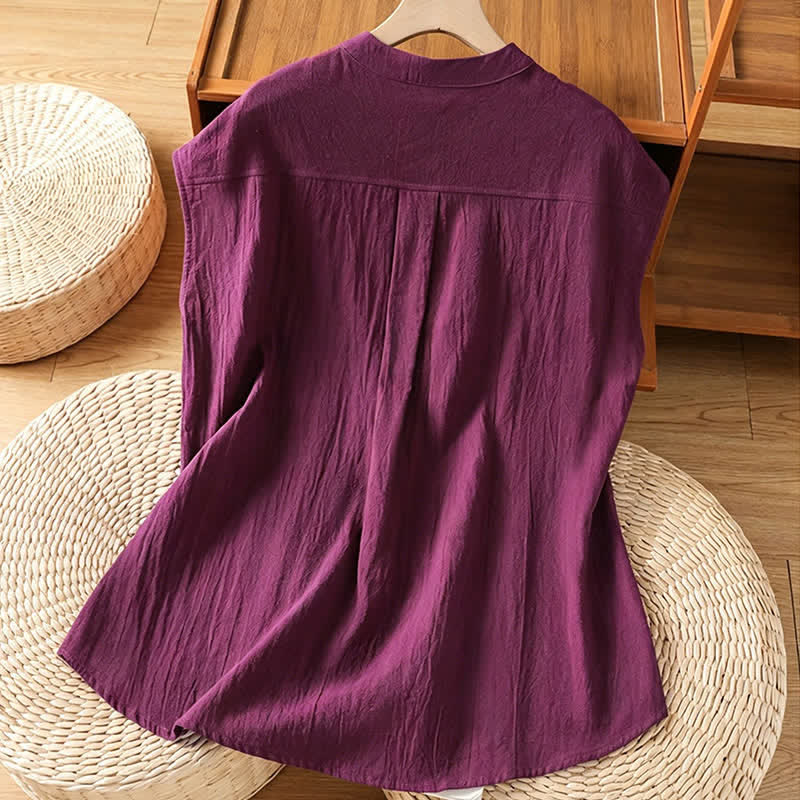 Buddha Stones Camiseta sin mangas de mujer estilo Tang informal con cuello mandarín, botones y bolsillo de parche. - image 17