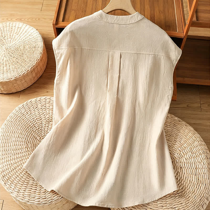 Buddha Stones Camiseta sin mangas de mujer estilo Tang informal con cuello mandarín, botones y bolsillo de parche. - image 1