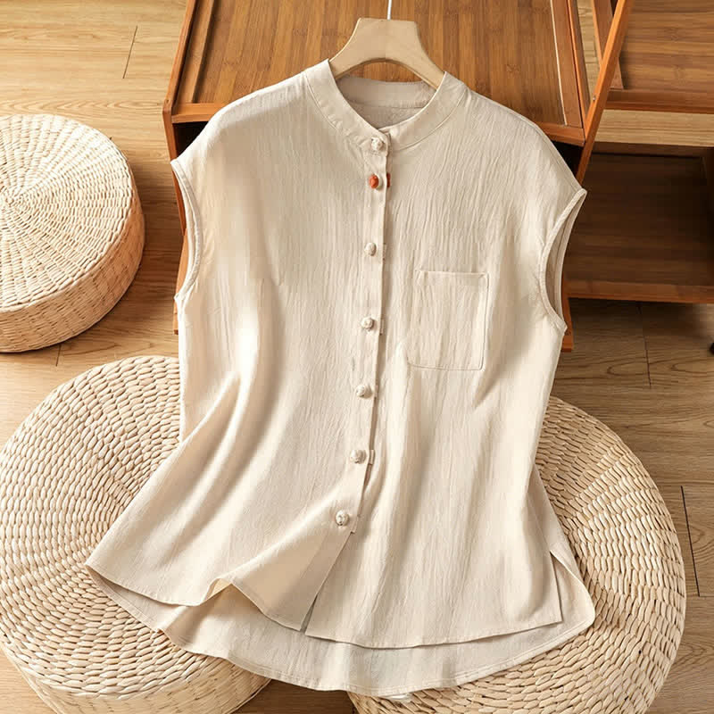 Buddha Stones Camiseta sin mangas de mujer estilo Tang informal con cuello mandarín, botones y bolsillo de parche. - Beige - US12, UK/AU16, EU44 (2XL) - image 0