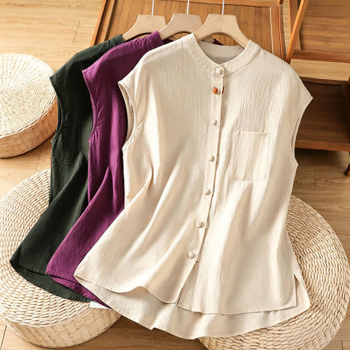 Buddha Stones Camiseta sin mangas de mujer estilo Tang informal con cuello mandarín, botones y bolsillo de parche. - image 24