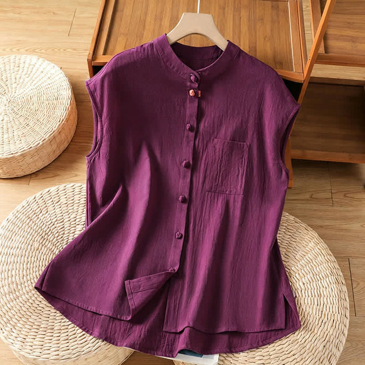 Buddha Stones Camiseta sin mangas de mujer estilo Tang informal con cuello mandarín, botones y bolsillo de parche. - Púrpura - US12, UK/AU16, EU44 (2XL) - image 16