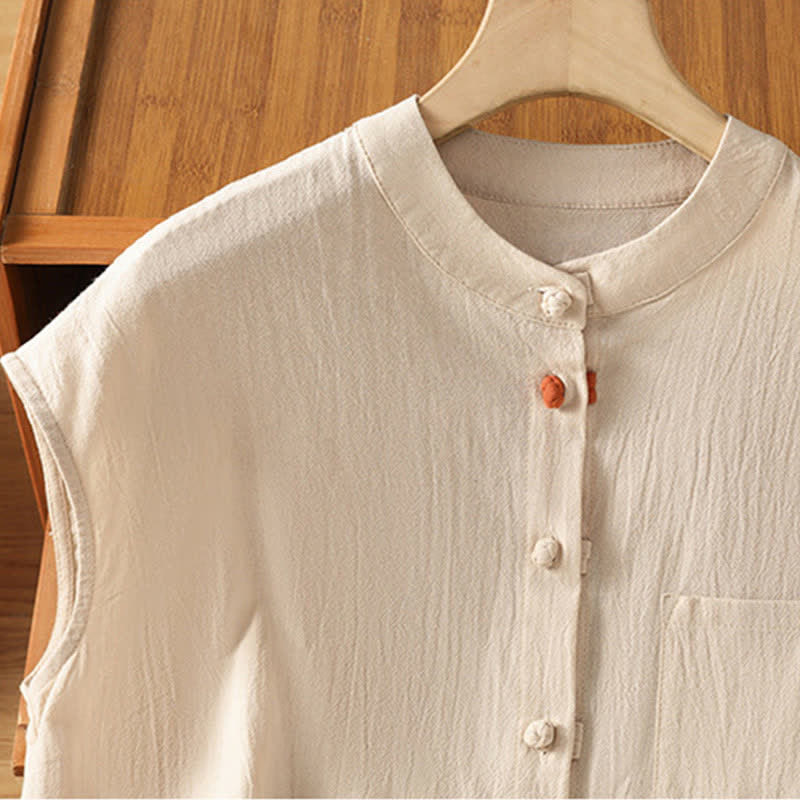 Buddha Stones Camiseta sin mangas de mujer estilo Tang informal con cuello mandarín, botones y bolsillo de parche. - image 2