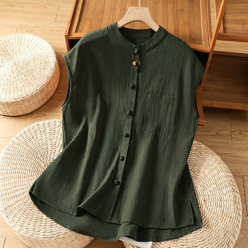 Buddha Stones Camiseta sin mangas de mujer estilo Tang informal con cuello mandarín, botones y bolsillo de parche. - Verde oliva oscuro - US12, UK/AU16, EU44 (2XL) - image 9