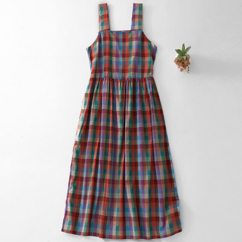 Buddha Stones Vestido de verano informal vintage con cordón ajustable y estampado a cuadros arcoíris para mujer. - Tierra de siena - US12, UK/AU16, EU44 (2XL) - image 0