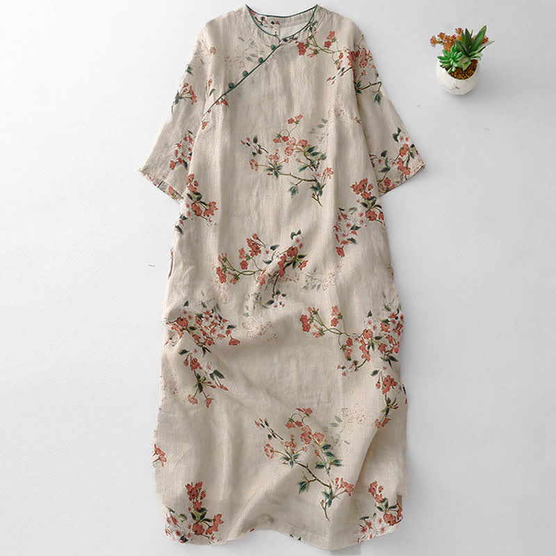 Buddha Stones Vestido de manga corta para mujer estilo Tang de verano con cuello mandarín y pequeñas flores rojas. - Beige - US8-10, UK/AU12-14, EU40-42 (2XL) - image 0