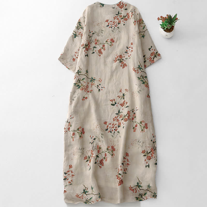 Buddha Stones Vestido de manga corta para mujer estilo Tang de verano con cuello mandarín y pequeñas flores rojas. - image 1