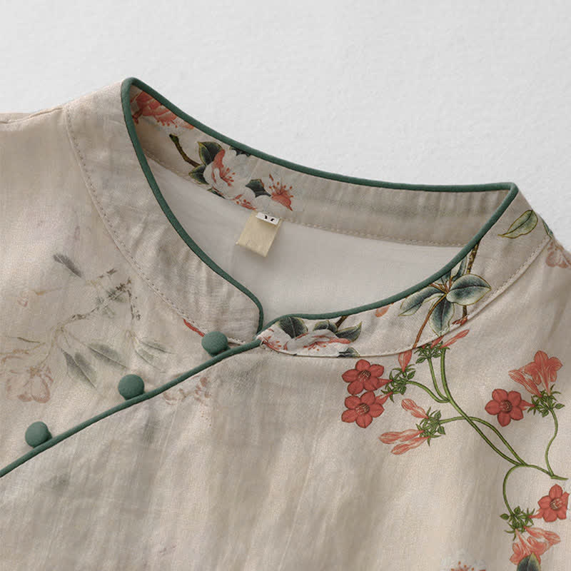 Buddha Stones Vestido de manga corta para mujer estilo Tang de verano con cuello mandarín y pequeñas flores rojas. - image 3