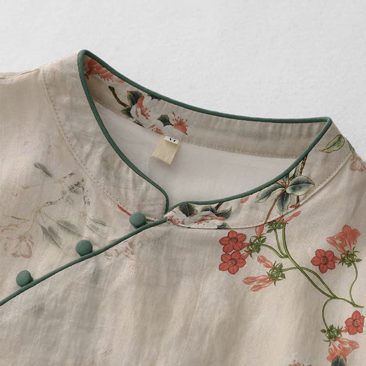 Buddha Stones Vestido de manga corta para mujer estilo Tang de verano con cuello mandarín y pequeñas flores rojas. - image 3