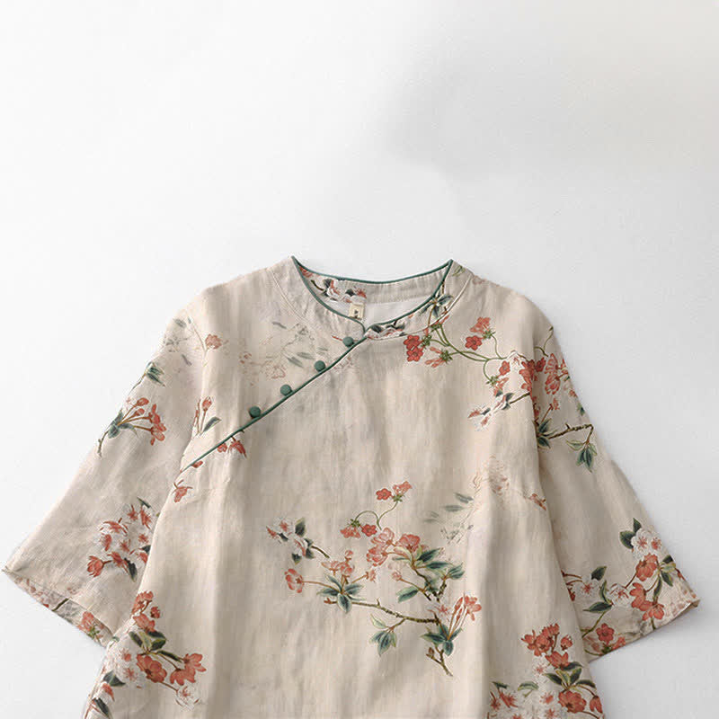 Buddha Stones Vestido de manga corta para mujer estilo Tang de verano con cuello mandarín y pequeñas flores rojas. - image 2