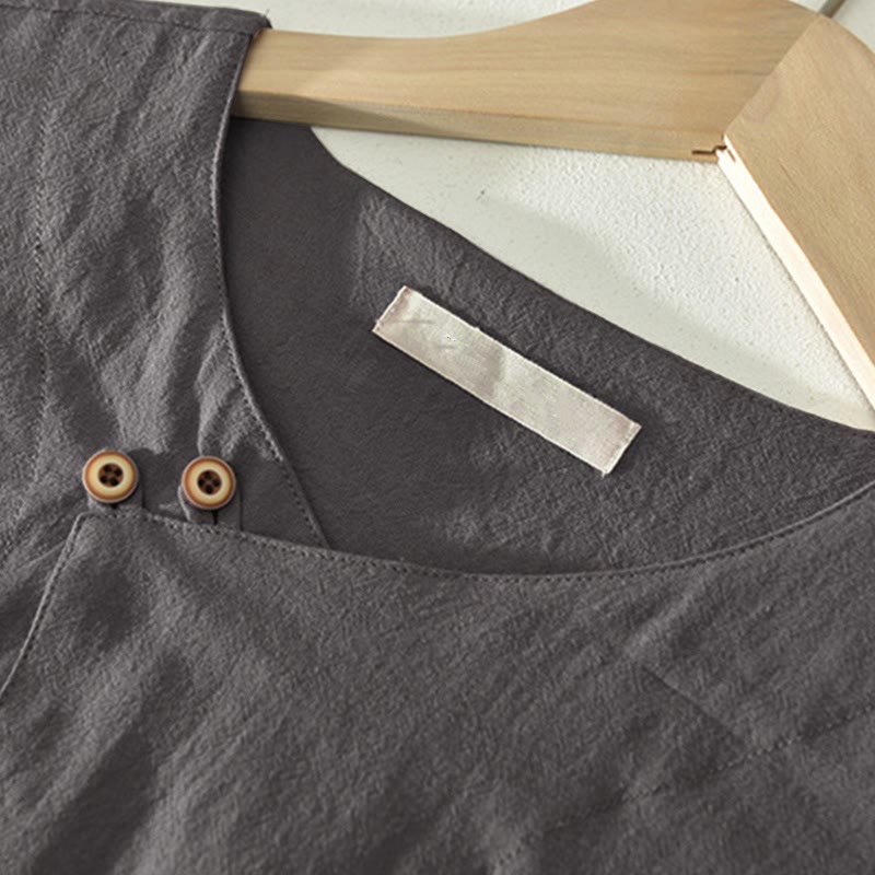 Buddha Stones Camisa de manga corta para hombre, estilo casual de verano, asimétrica, con cuello en V y botones. - image 1