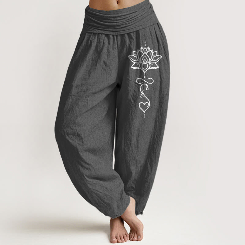 Buddha Stones Pantalones harem de mujer con cintura elástica y estampado de corazón de loto, de algodón puro. - Gris oscuro - US16，UK/AU20，EU48 (3XL) - image 8