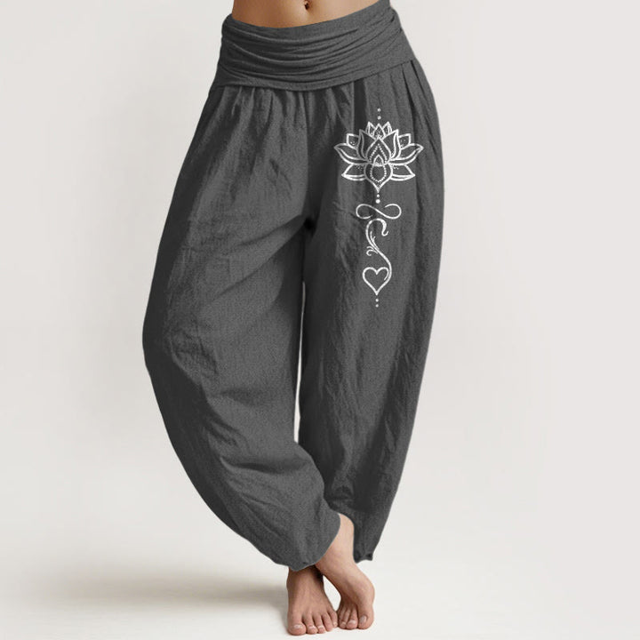 Buddha Stones Pantalones harem de mujer con cintura elástica y estampado de corazón de loto, de algodón puro. - Gris oscuro - US16，UK/AU20，EU48 (3XL) - image 8