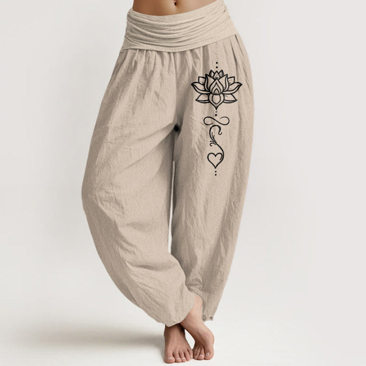 Buddha Stones Pantalones harem de mujer con cintura elástica y estampado de corazón de loto, de algodón puro. - Broncearse - US16，UK/AU20，EU48 (3XL) - image 11