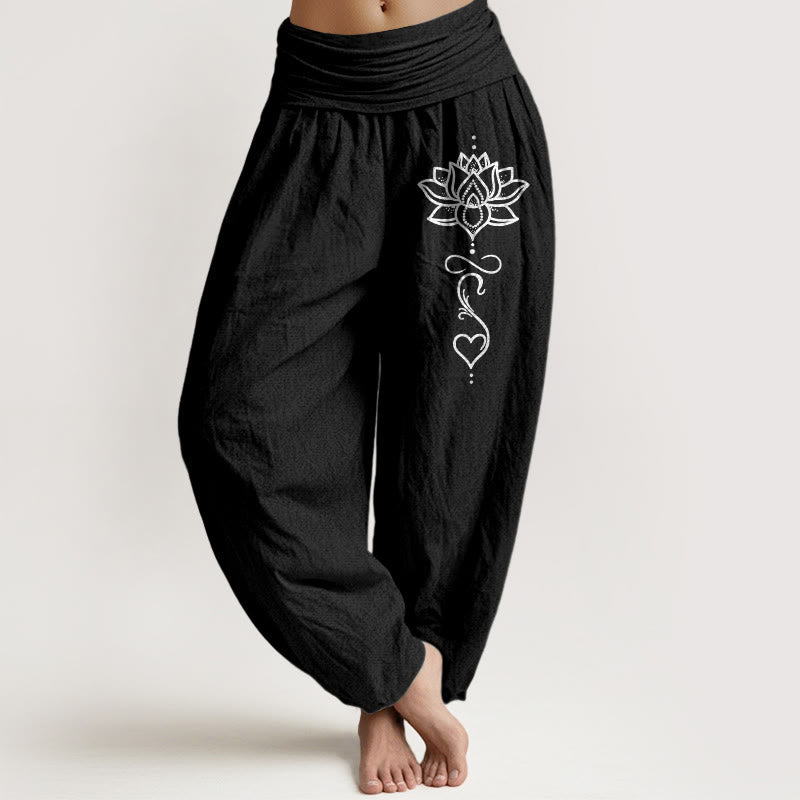 Buddha Stones Pantalones harem de mujer con cintura elástica y estampado de corazón de loto, de algodón puro. - Negro - US16，UK/AU20，EU48 (3XL) - image 0