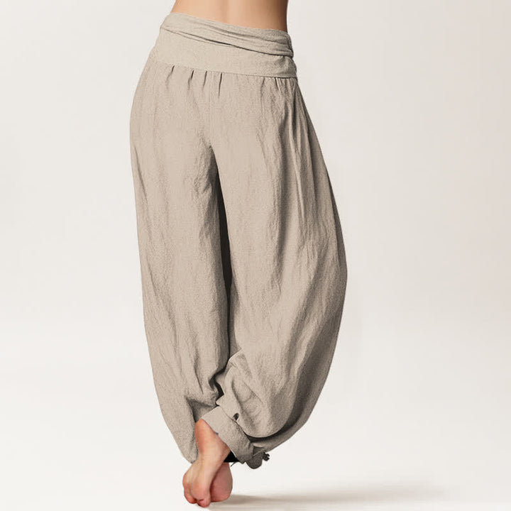 Buddha Stones Pantalones harem de algodón puro con estampado de loto y cintura elástica para mujer. - image 2