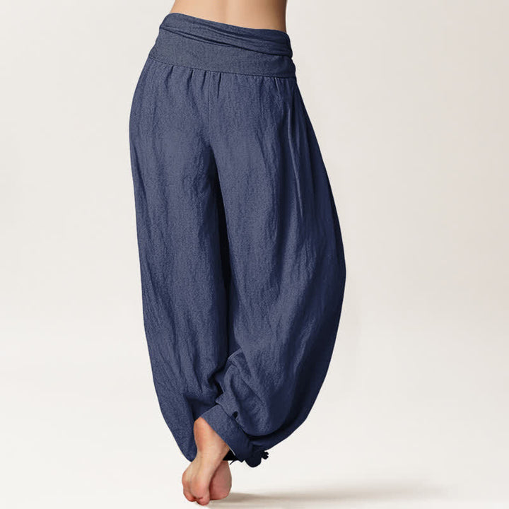 Buddha Stones Pantalones harem de algodón puro con estampado de loto y cintura elástica para mujer. - image 10