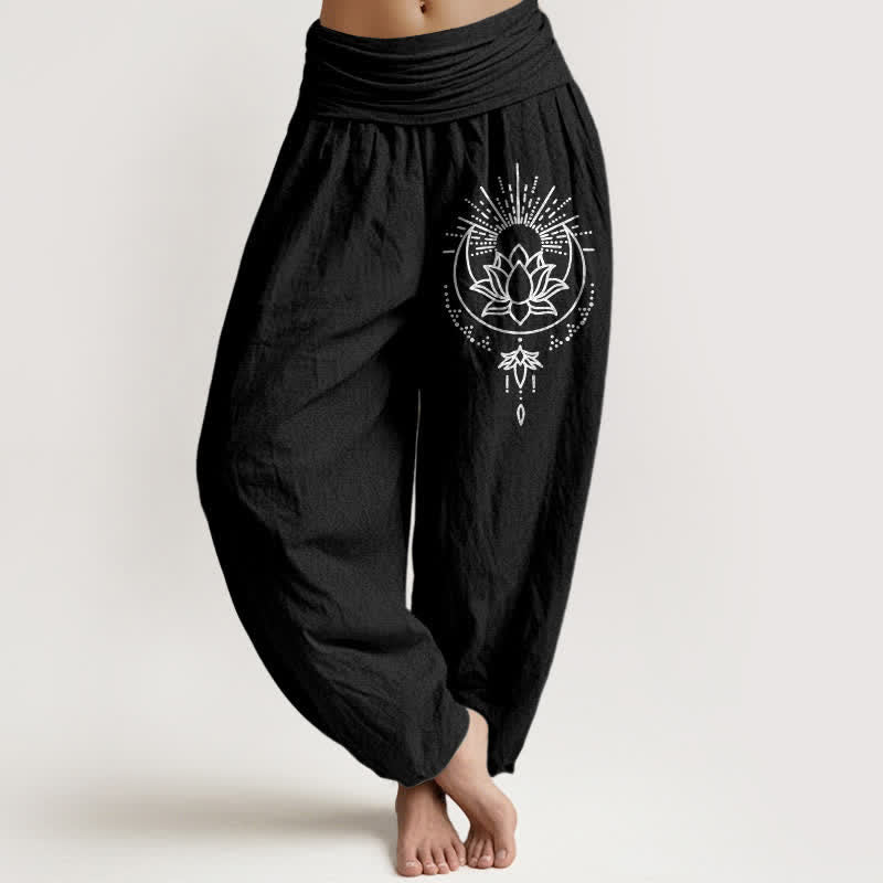 Buddha Stones Pantalones harem de algodón puro con estampado de loto y cintura elástica para mujer. - Negro - US16，UK/AU20，EU48 (3XL) - image 5
