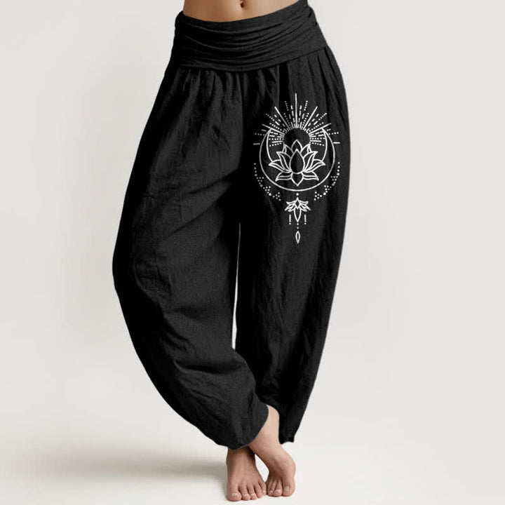 Buddha Stones Pantalones harem de algodón puro con estampado de loto y cintura elástica para mujer. - Negro - US16，UK/AU20，EU48 (3XL) - image 5
