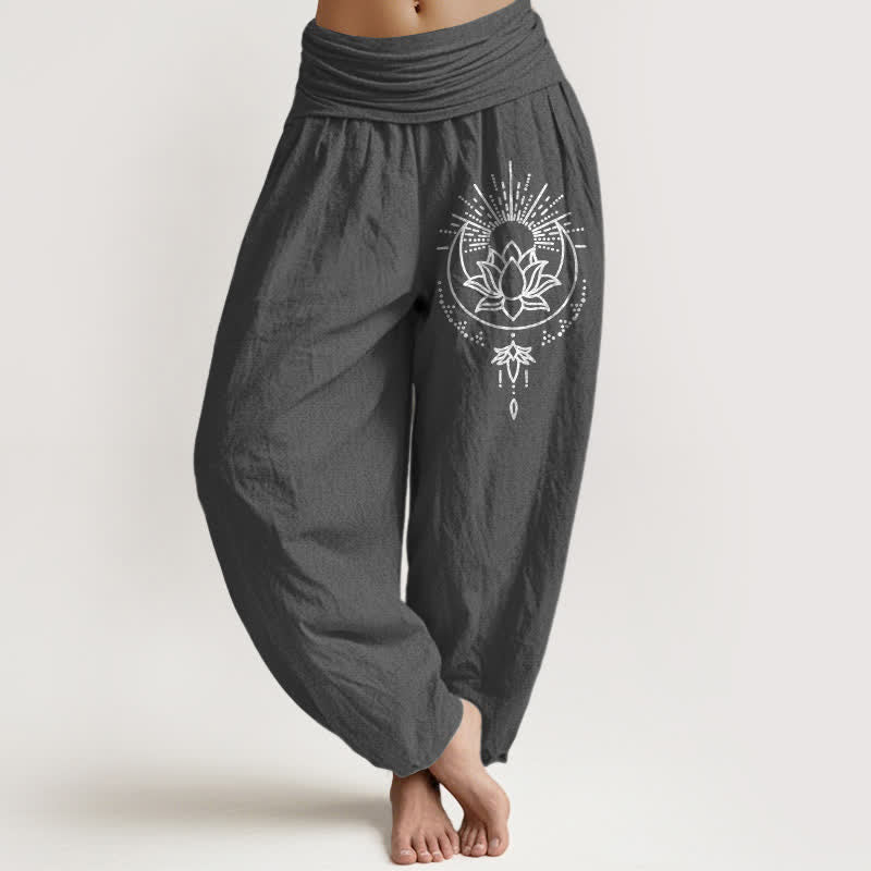 Buddha Stones Pantalones harem de algodón puro con estampado de loto y cintura elástica para mujer. - Gris oscuro - US16，UK/AU20，EU48 (3XL) - image 11