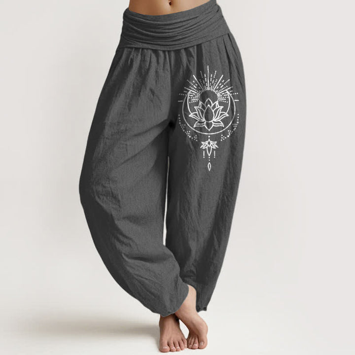 Buddha Stones Pantalones harem de algodón puro con estampado de loto y cintura elástica para mujer. - Gris oscuro - US16，UK/AU20，EU48 (3XL) - image 11